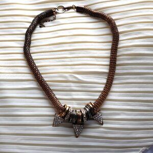 Bronze Woven Necklace with Rhinestone Triangular Pendants and Metallic Rings
